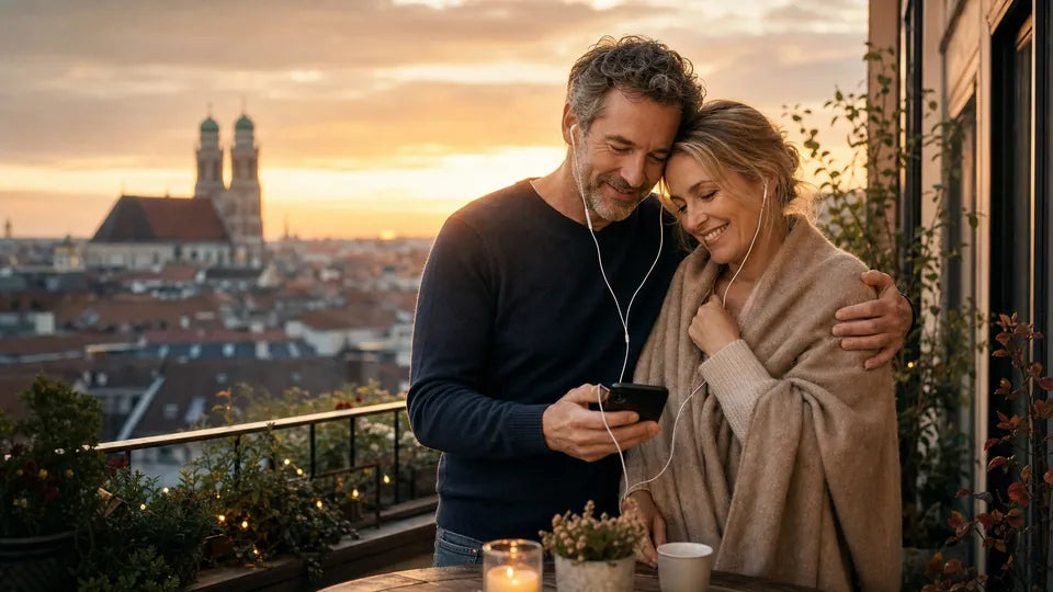 Ehepaar auf einer Terrasse bei Sonnenuntergang hört ein persönliches Lied