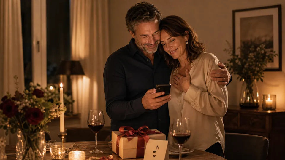 Paar beim Jahrestagsdinner öffnet ein persönliches Songgeschenk